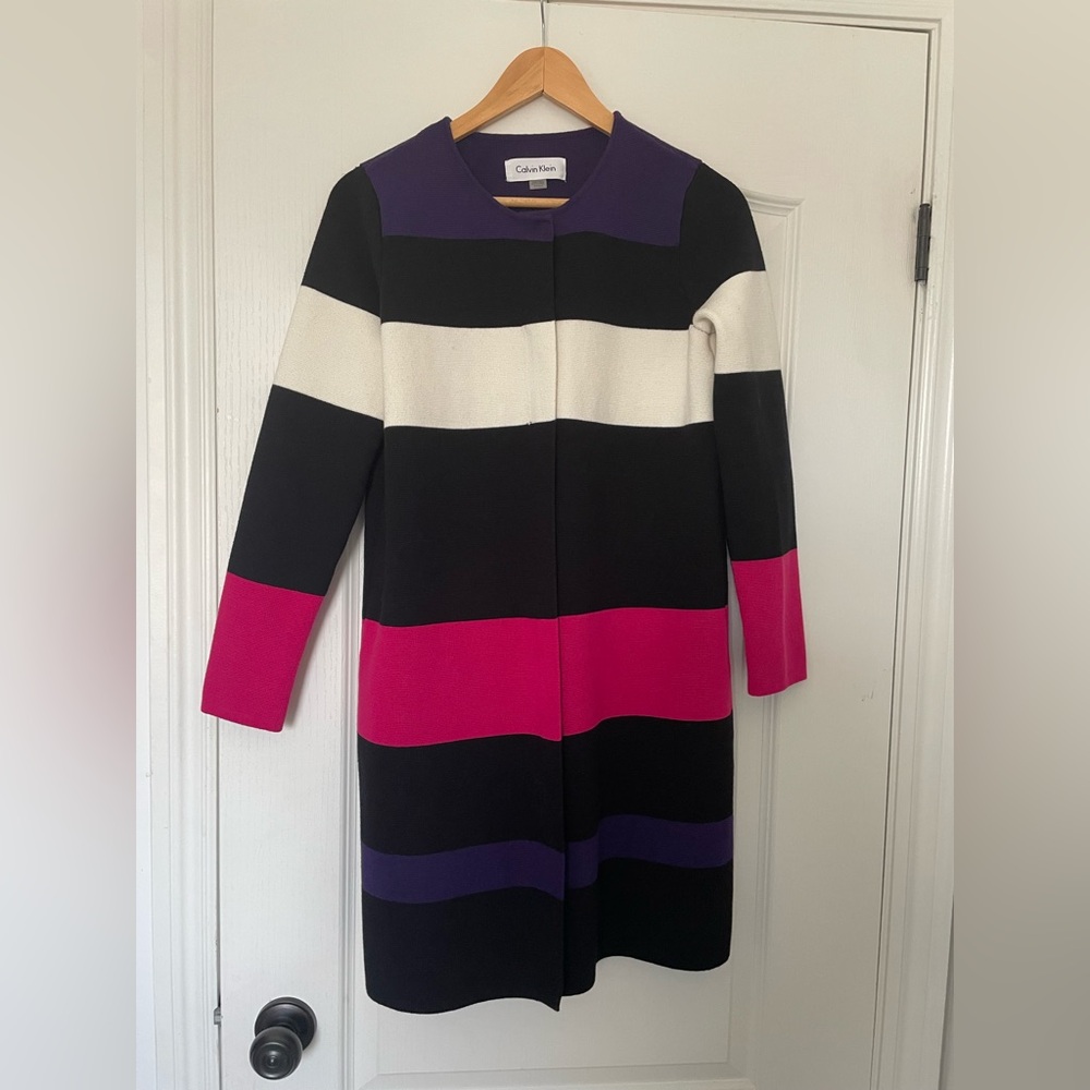 Calvin Klein Women's Striped Zipped Cardigan - Black, White, Pink, and Purple